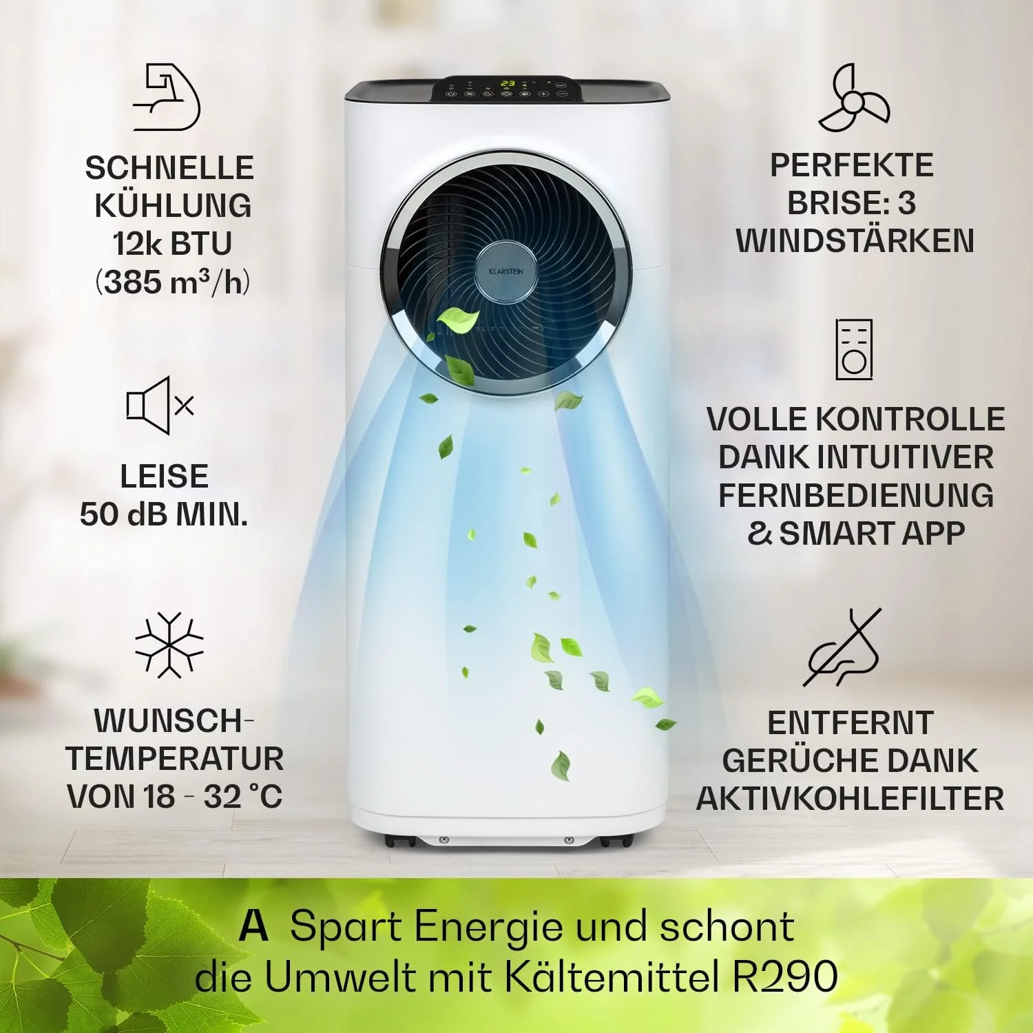 Klarstein Mobile Klimaanlage mit Abluftschlauch, 5-in-1 Klimagerät, Ventilator, Luftentfeuchter, Luftreiniger & Nachtmodus, App-Steuerung, Kleine & Portable, für Wohnung & Büro, 12000 BTU