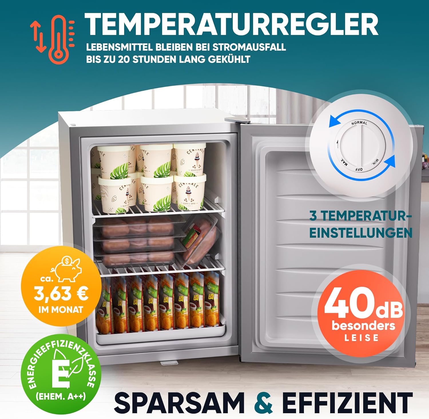 Stillstern Mini Gefrierschrank (42L) -18°C, Eiswürfelschale, Schloss, Türanschlag wechselbar, 4-Sterne Tiefkühlschrank für Camping/Büro Gefriertruhe Klein Gefrierschrank Klein Tiefkühltruhe