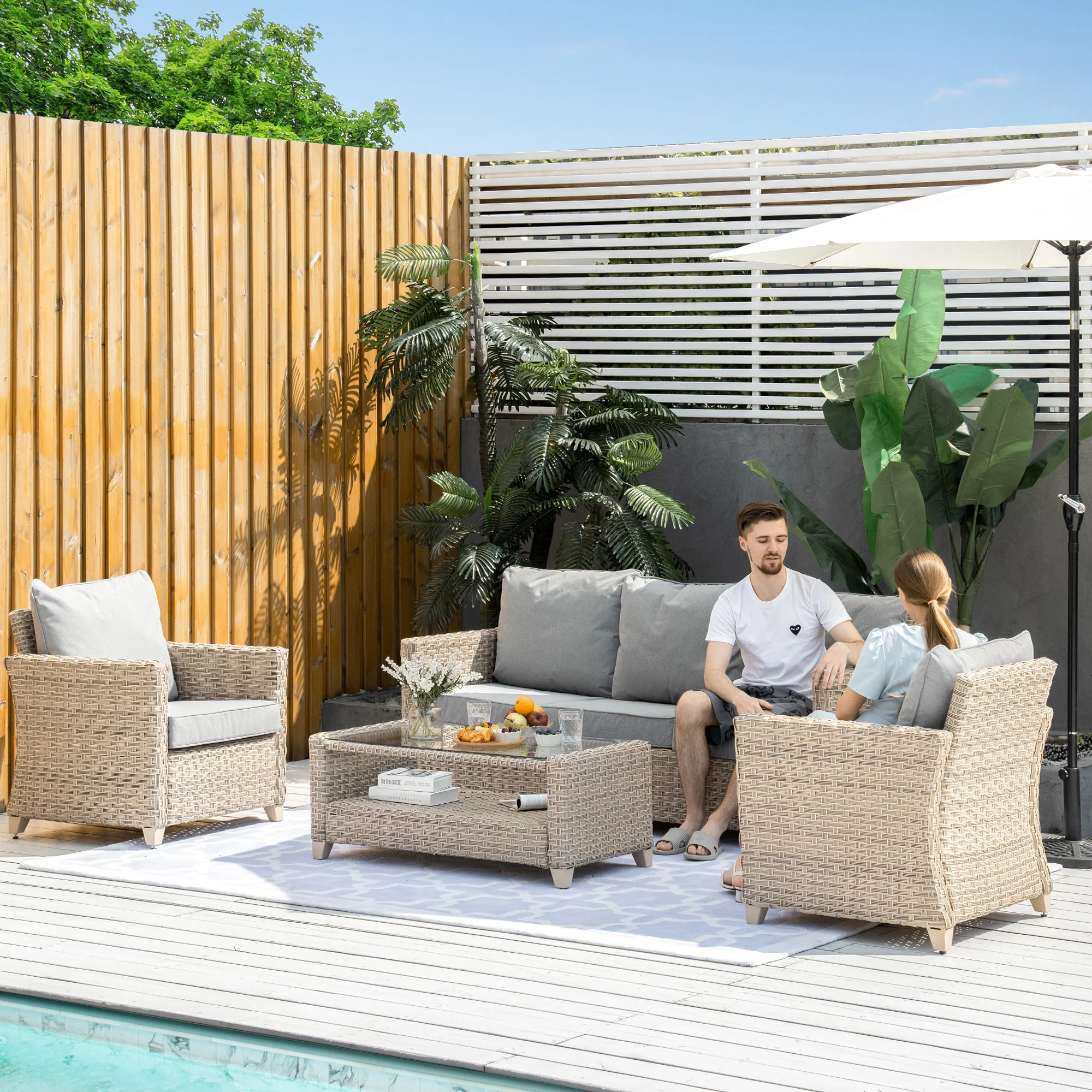Outsunny Gartenmöbelset Rattan 5-teilig Outdoor Sofa Beistelltisch Aluminium