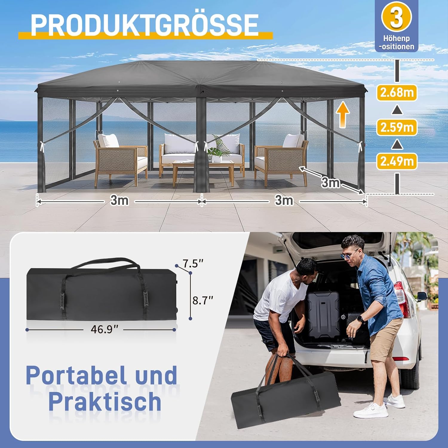 LEADZM Cenador plegable de 3 x 6 m, impermeable, protección UV 50+, altura regulable con 6 mosquiteras, estable, ideal para jardín, terraza, camping y uso comercial, antracita