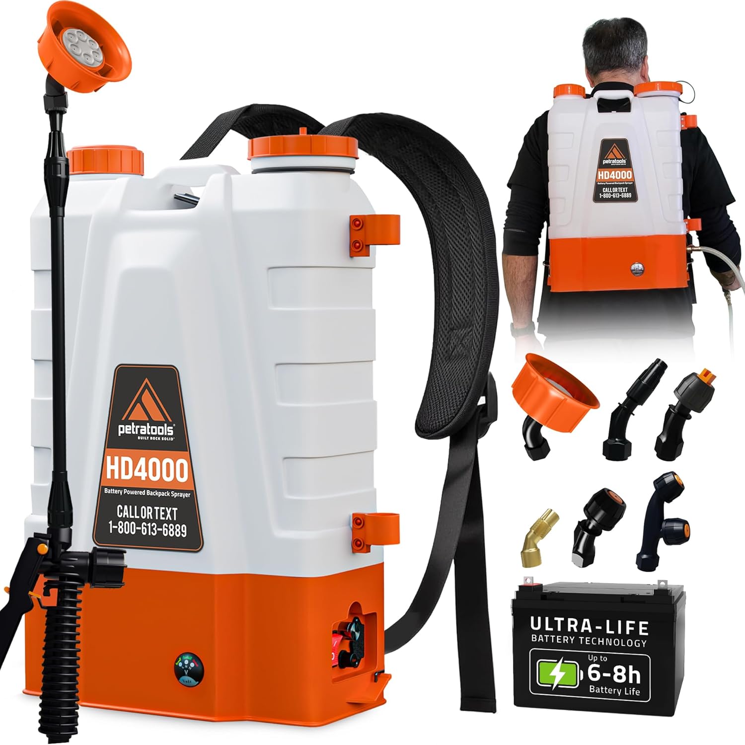 PetraTools Battery Powered Backpack Sprayer 4 Gallon - 6 Hours Long Battery Life & Padded Straps for Comfort - HD4000 Electric Backpack Garden Sprayer with 6 Spray Nozzles & 90PSI Adjustable Pressure