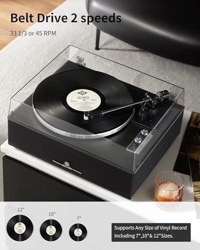 ANGELS HORN Giradischi Vinile Bluetooth | Giradischi Hi Fi a 2 velocità con altoparlanti integrati | Include preamplificatore Phono & Cartuccia magnetica AT 3600L | Edizione classica nera : Strumenti Musicali