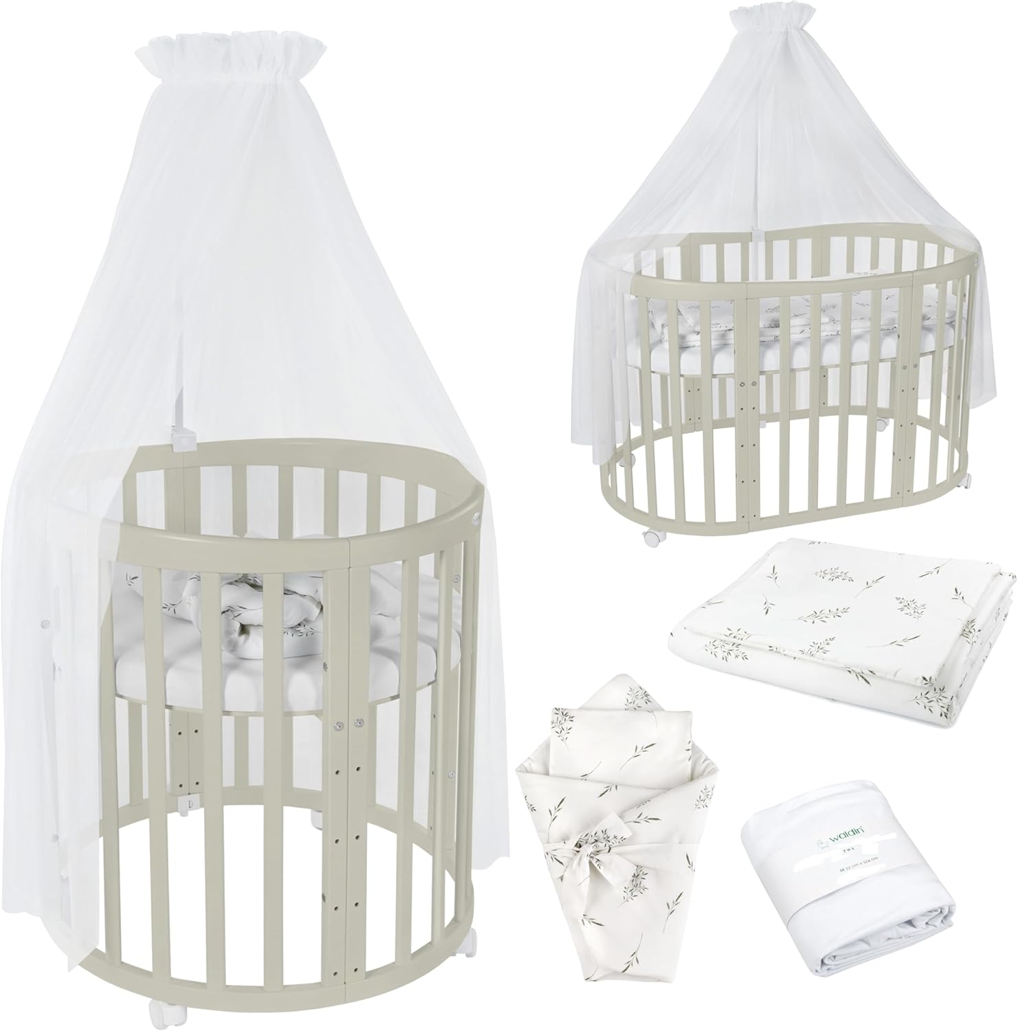 Waldin Oval Baby-Bett Mitwachsend Komplett Set 7in1, Gitterbett, Kinderbett mit Matratze, Wickelkommode, Beistellbett, Holz Weiß