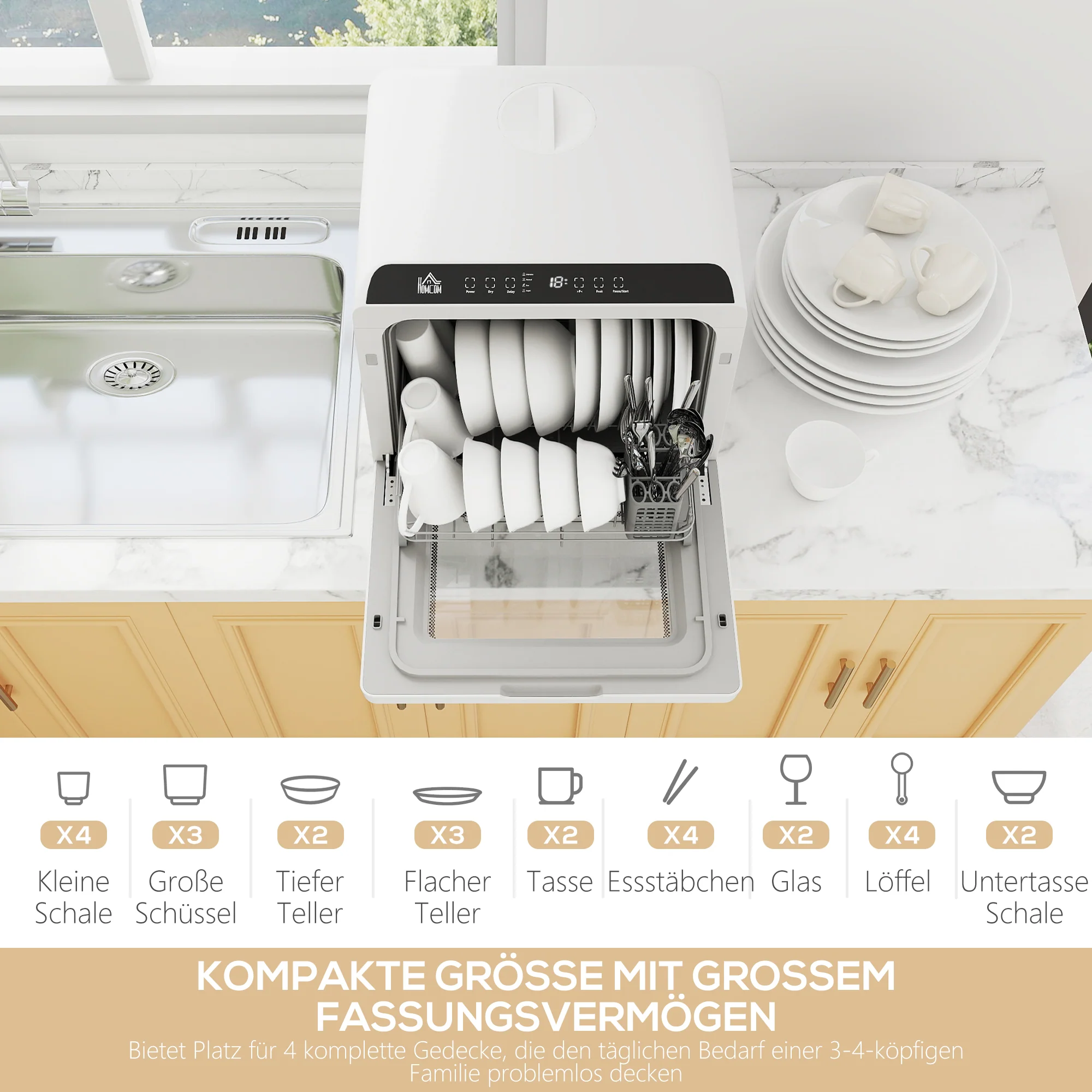 HOMCOM Tafelvaatwasser, Mini-Vaatwasser met 6-Liter-tank, 5 Programma's, LED-display, Droogfunctie, Wit