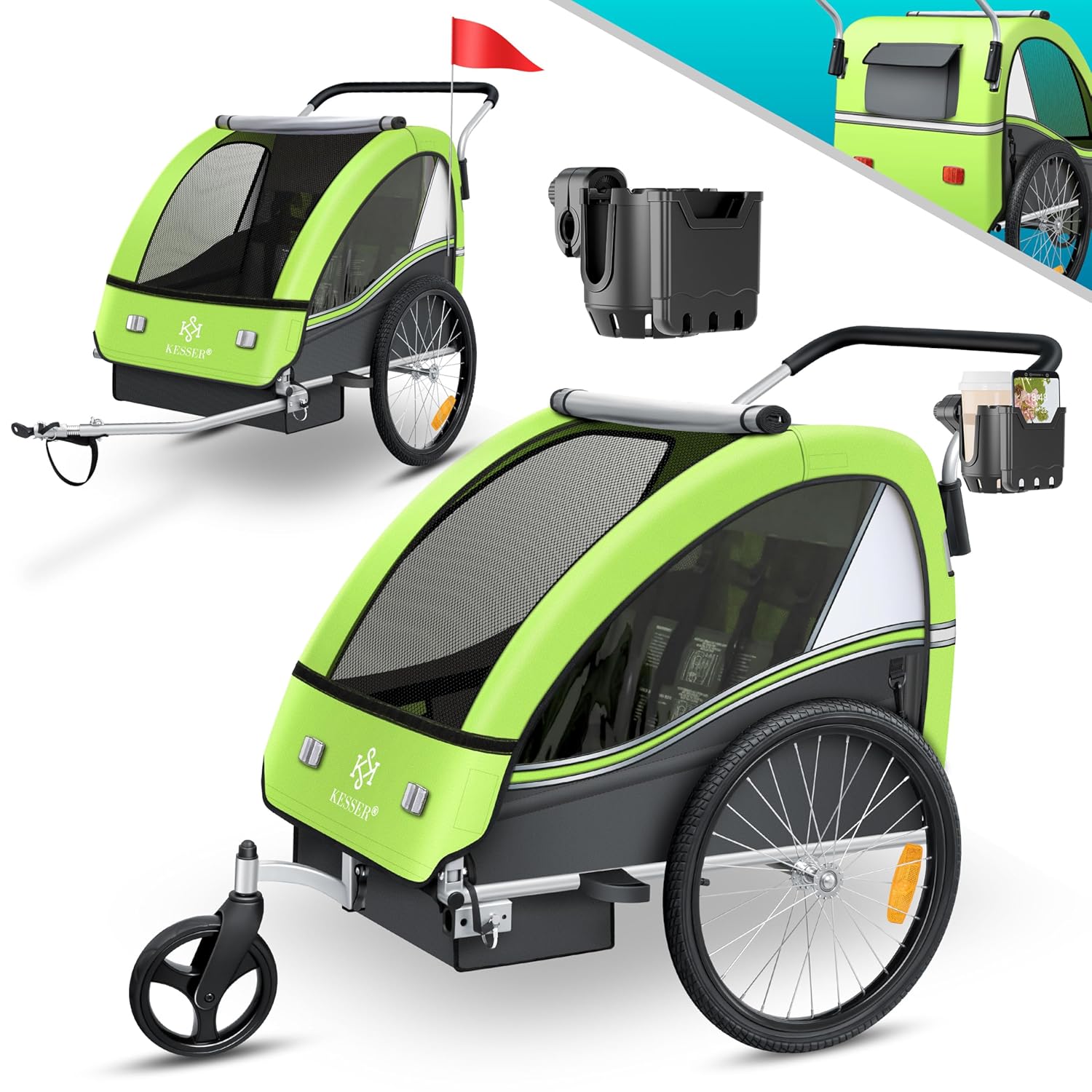 KESSER Kinderfahrradanhänger Sport-RX 2in1 Jogger & Buggy 5-Punkt-Gurt Sicherheitsgurt 360° Vorderrad Kinderfahrradanhänger Reflektoren für 1-2 Kinder (max. 40 kg) Getränkehalter & Smartphonefach