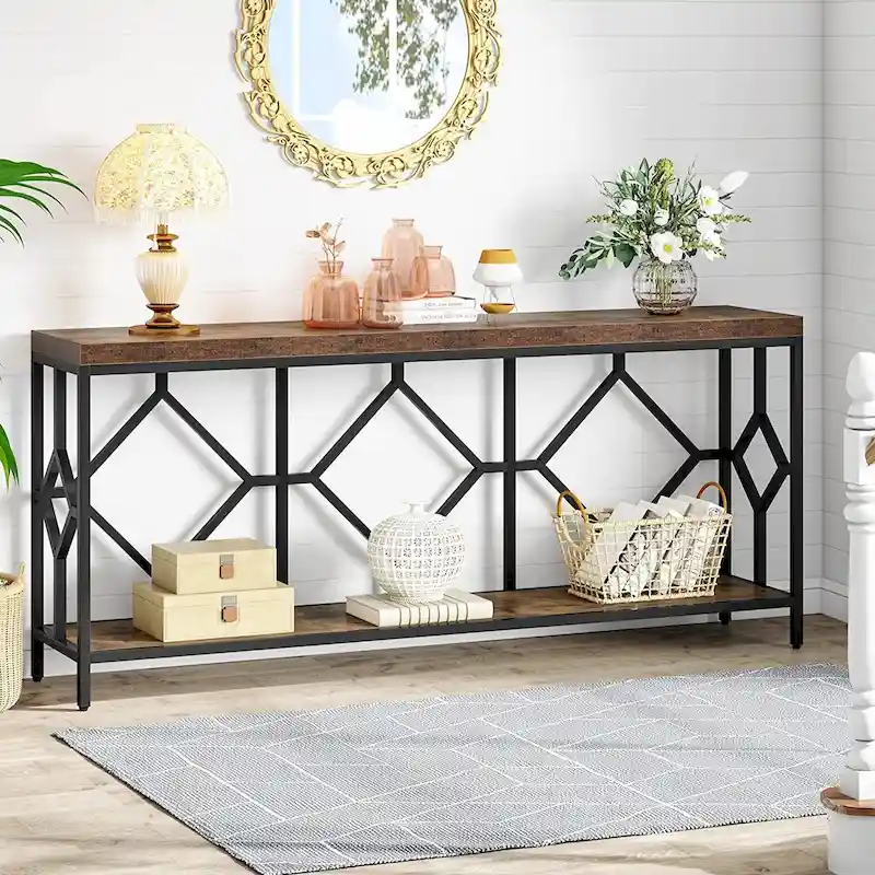 70.9-Inch Industrial Sofa Console Table with Open Storage Shelf - Extra Long Narrow Entry Table for Behind Couch