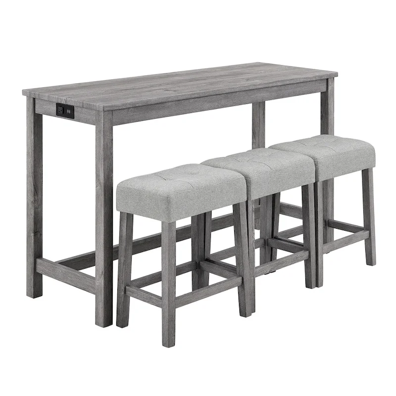 Bar Dining Table Set and 3 Bar Stools with Power Outlet Kitchen Breakfast Nook Wooden Dining Table Chairs Sets