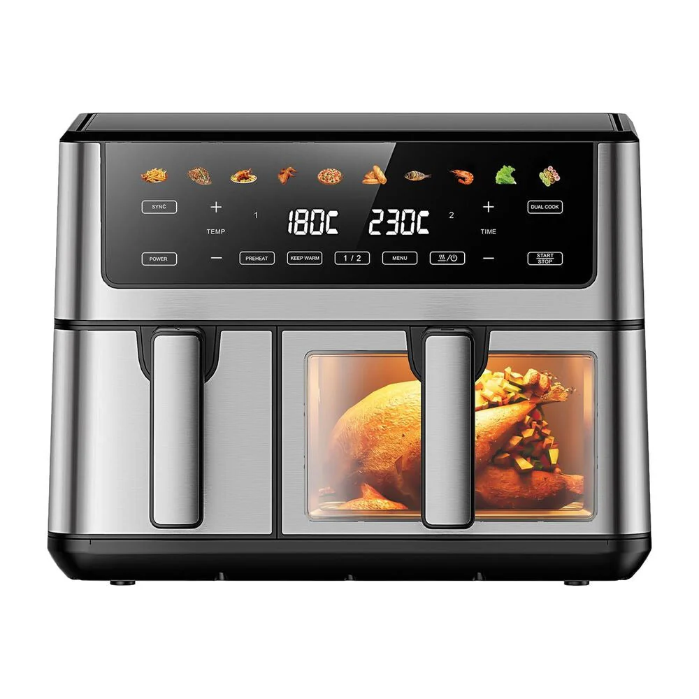 Frytkownica beztłuszczowa z okienkiem Extralink Dual Basket, 2 komory, 2500 W, 6,5 l i 3,5 l, srebrna