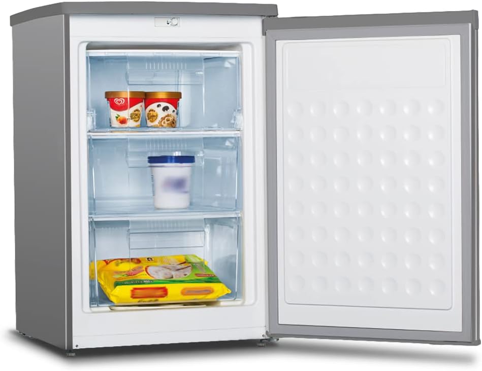INFINITON CV-A82I – Congelador Vertical, Acero Inoxidable, 80 Litros, 3 Cajones, Control de Temperatura, Puerta Reversible, Clase A++/E