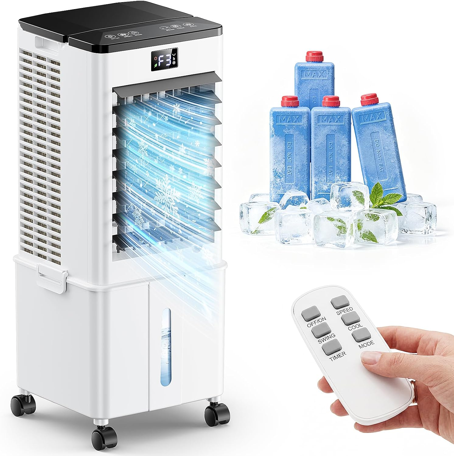 Portable Air Conditioner with Auto Oscillation,Powerful Cooling Portable AC Unit,1-12H Timer, 10L Removable Water Tank,4 Ice Boxes, Remote Control, Touch Display, Air Cooler For Home(White)