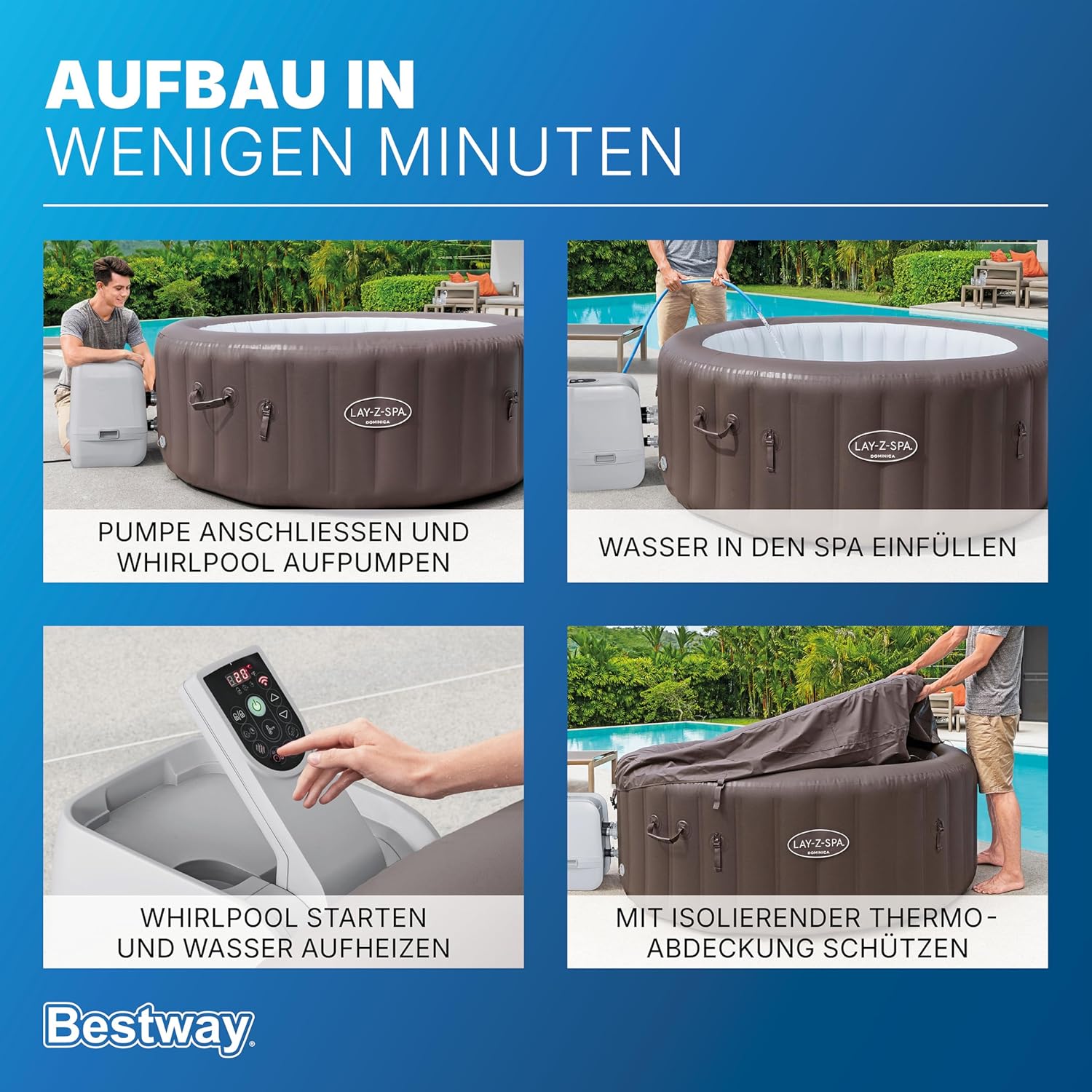 Bestway Lay-Z-SPA Whirlpool Dominica HydroJet, Ø 196 x 71 cm, 6 Personen, Heizung, Frostwächter, 4 HydroJet-Düsen, 140 AirJet-Düsen, App-Steuerung, Thermo-Abdeckung, Energieeffizient, Urbanbraun