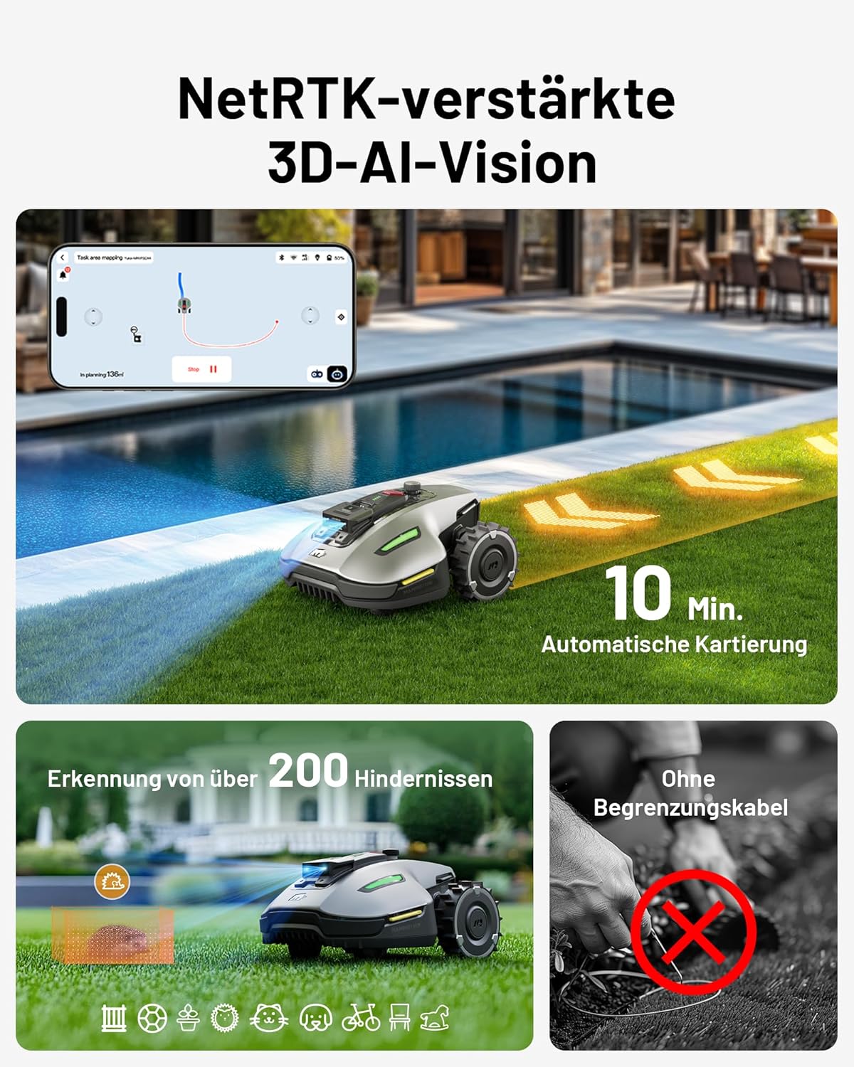MAMMOTION YUKA Mini 700 Mähroboter ohne Begrenzungskabel, NetRTK+Vision, Keine RTK-Antenne erforderlich, Auto-Kartierung, Empf. 700m², Max. 1100m², mit 4G-Modul, 50% Steigung