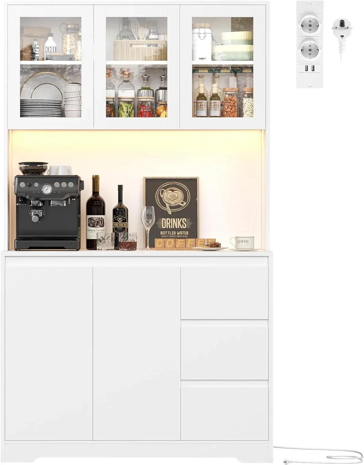 Alacena de cocina FirFurd con LED y regleta, aparador de cocina con encimera y 3 cajones, buffet de cocina con estante ajustable, aparador para cocina, 180x100x38.5 cm, blanco