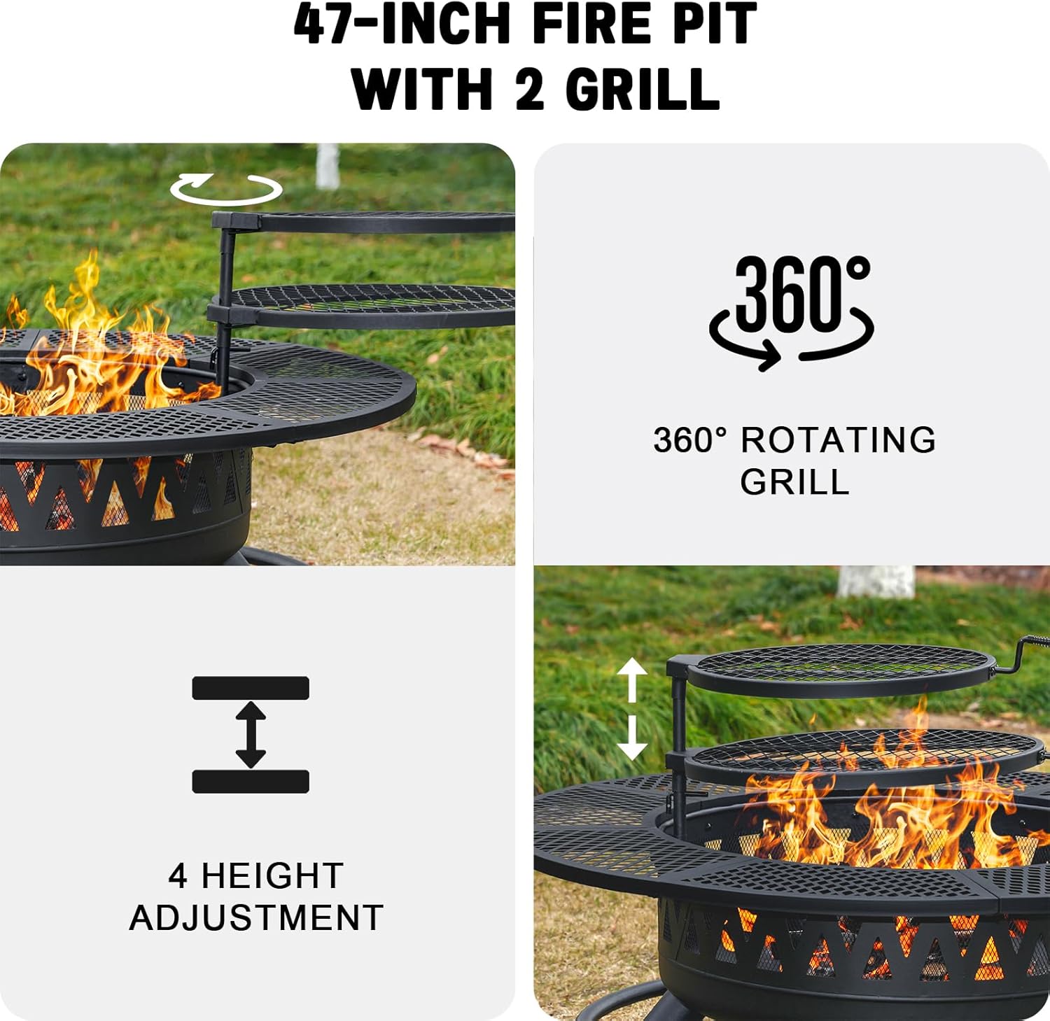 47 Inch Fire Pit with 2 Grills, Outdoor Extra Large Firepits for Outside, Wood Burning Fireplace for Camping,Picnic,Bonfire, 3-in-1 Round Metal Table with Lid for Backyard,Patio,Party