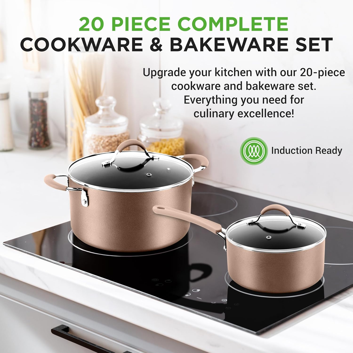 20-Piece Nonstick Kitchen Cookware Set PFOA/PFOS-Free Heat Resistant Lacquer Kitchen Ware Pots Baking Pan Set w/ Saucepan, Frying Pans, Cooking Pots, Oven Pot, Lids, Utensil NCCW20S