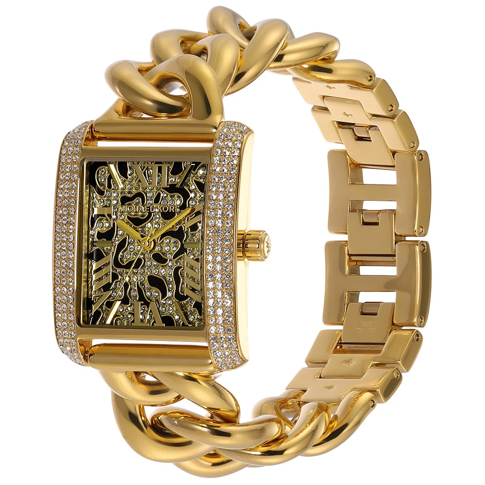 Michael Kors Mini Emery Animal Pavé Rectangular Gold Curb-link/chain Women's Watch - MK7437