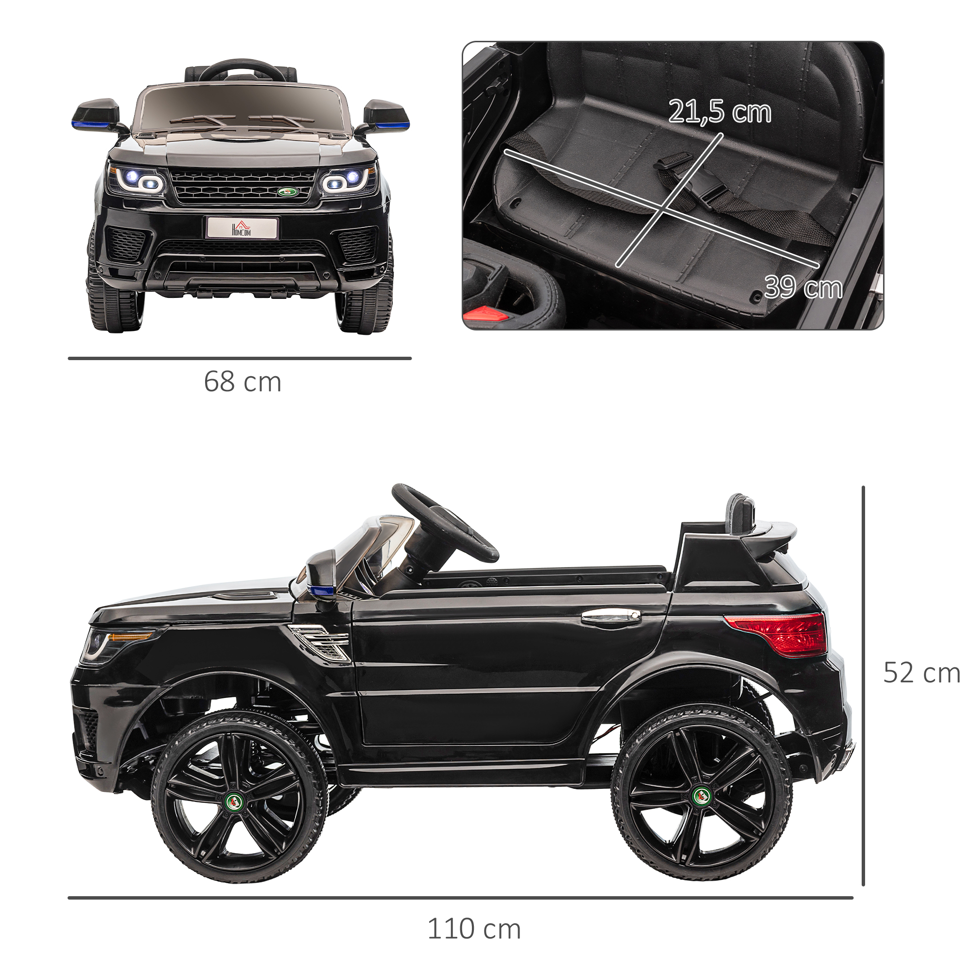 HOMCOM Kinder-Elektroauto SUV, bis 5 kmh/h, mit Sicherheitsgurt, Fernbedienung, Scheinwerfern, Musikfunktion, schwarz