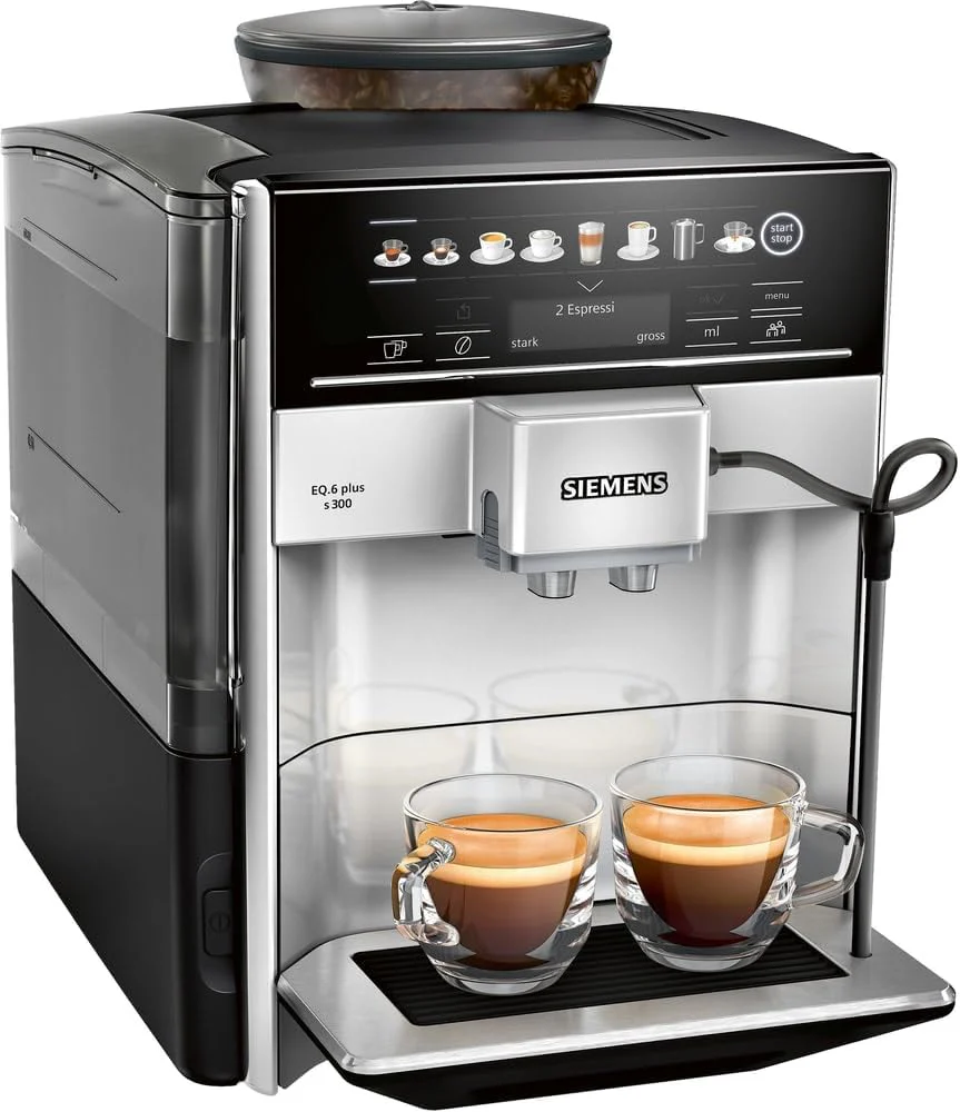 SIEMENS Volautomatische koffiemachine EQ6 plus s300 TE653501DE, voor vele koffiespecialiteiten, melkopschuimmondstuk, keramisch maalwerk, dubbele kopfunctie, antikalk, automatische stoomreiniging, 1500 W, zilver