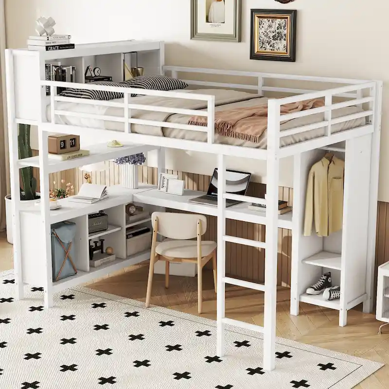 Metal Loft Bed with Wardrobe And L-shaped Desk