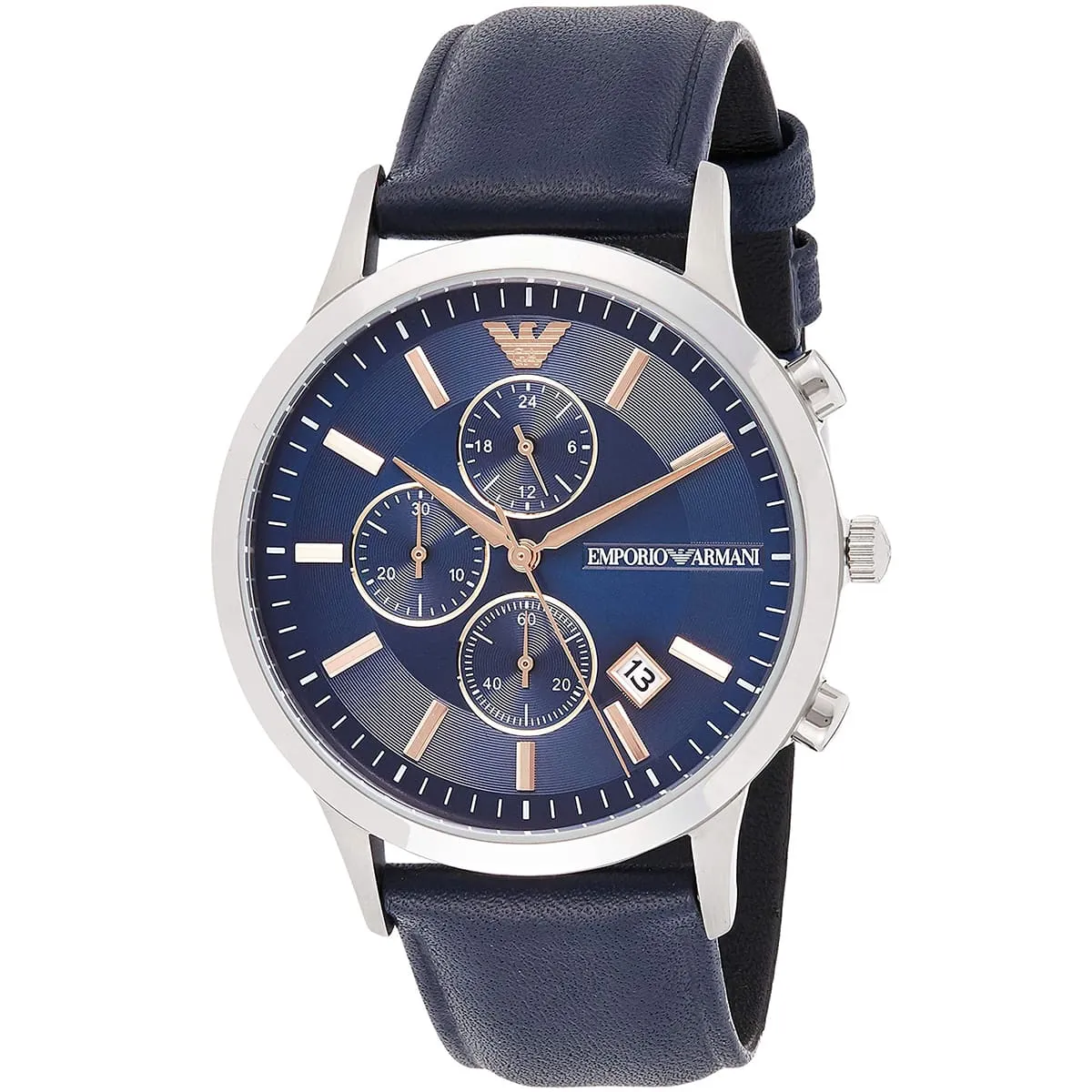 Emporio Armani Renato Chronograph Blue Dial Black Leather Strap Watch  - AR11216
