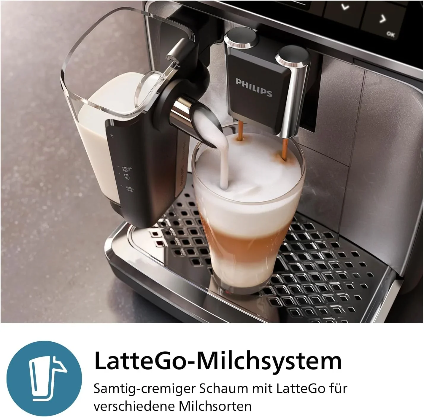 Philips 2300 Serie Vollautomatische Espressomaschine - 4 Getr?nke, modernes Farb-Touchscreen-Display, LatteGo-Milchsystem, SilentBrew, Keramikmahlwerk, AquaClean-Filter. Wei?es Chrom (EP2333/40)