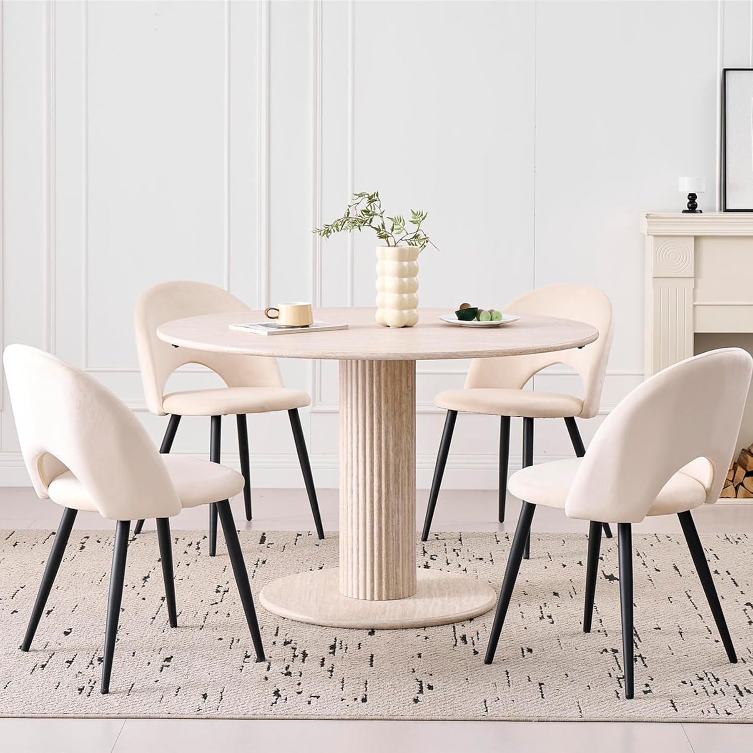 Set da Sala da Pranzo, Tavolo da Pranzo Rotondo Moderno con 4 Sedie da Pranzo, Piano del Tavolo in MDF e Seduta in Velluto per Cucina, Sala da Pranzo e Ristoranti (Beige)