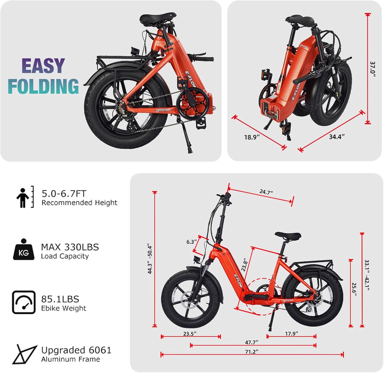SDU 750W Peak 1000W Folding Ebike, Young Electric Bike E-Flow 48V/20Ah Hidden Removable Battery, Up to 90 Miles 28 Mph, 20''x4.0'' Fat Tire Commute Moutain Fast Cargo E-Bike for Adults