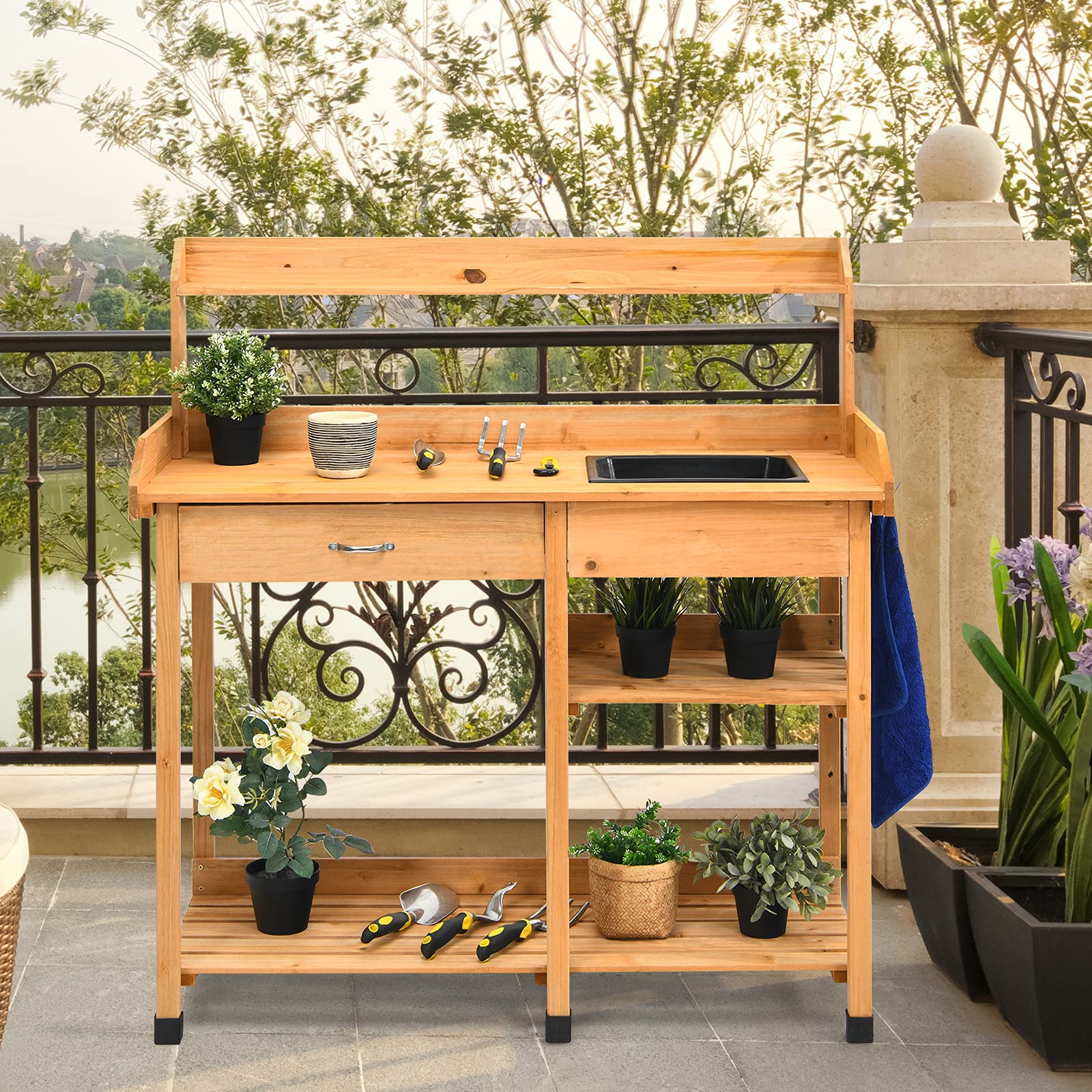 Giantex Garden Potting Bench Table, Wooden Potting Work Table