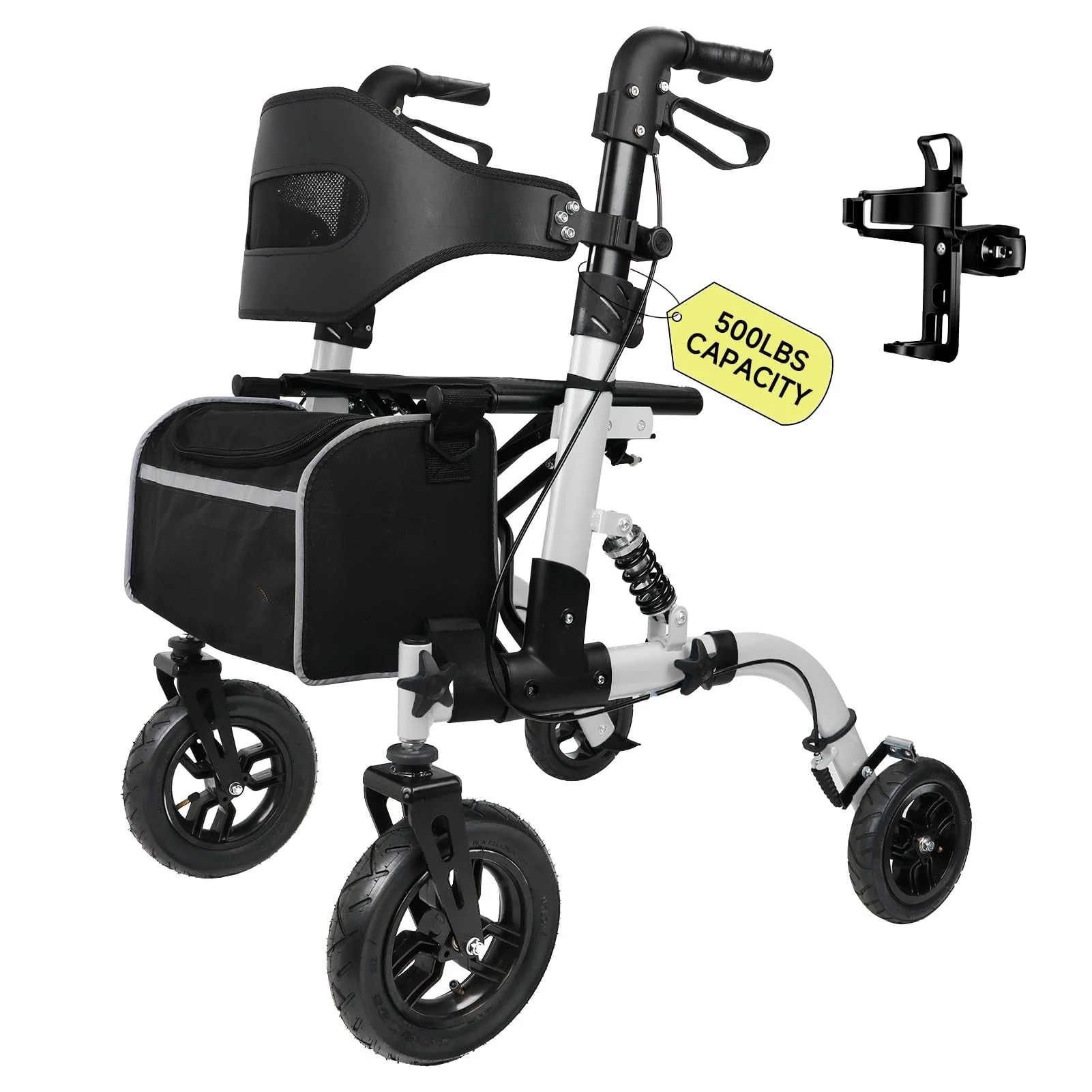 500lbs Walkers for Seniors Foldable, Heavy Duty Tall Walker with Seat, 10" Front Rubber Wheels, Outdoor Rollator All Terrain, Folding Walker, Cup and Cane Holder, Fits Height 5'6" ~ 7'5", Silver