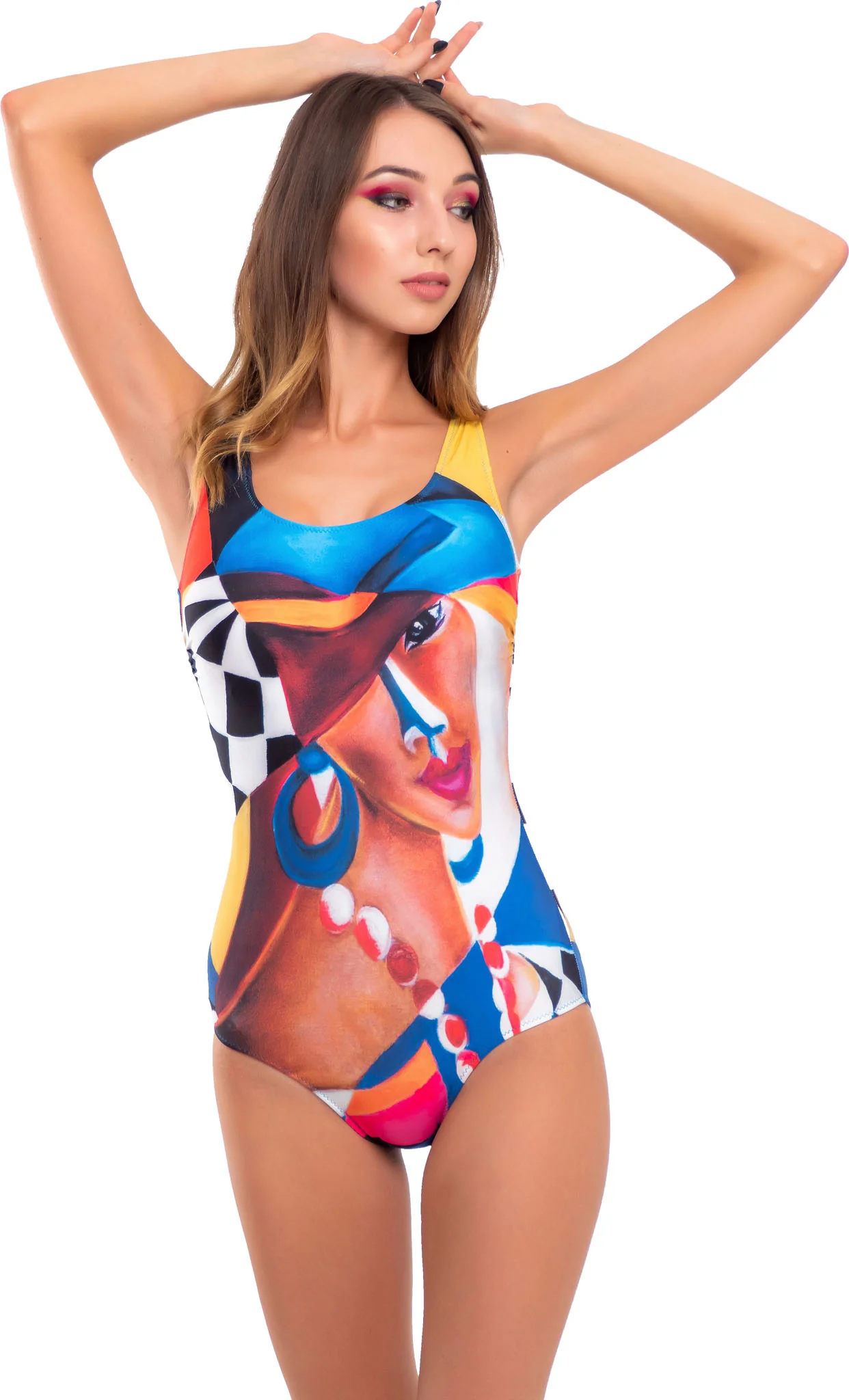 Shaping, One piece classic with cups 'Chess cubism' swimwear