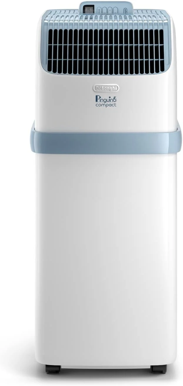 De'Longhi Pinguino PAC EM82, Condizionatore Portatile per ambienti fino a 80 m³, 9.400 BTU, 2,4 kW, 63 dB, Funzione Deumidificatore, Classe Energetica A, Timer 24h, Bianco