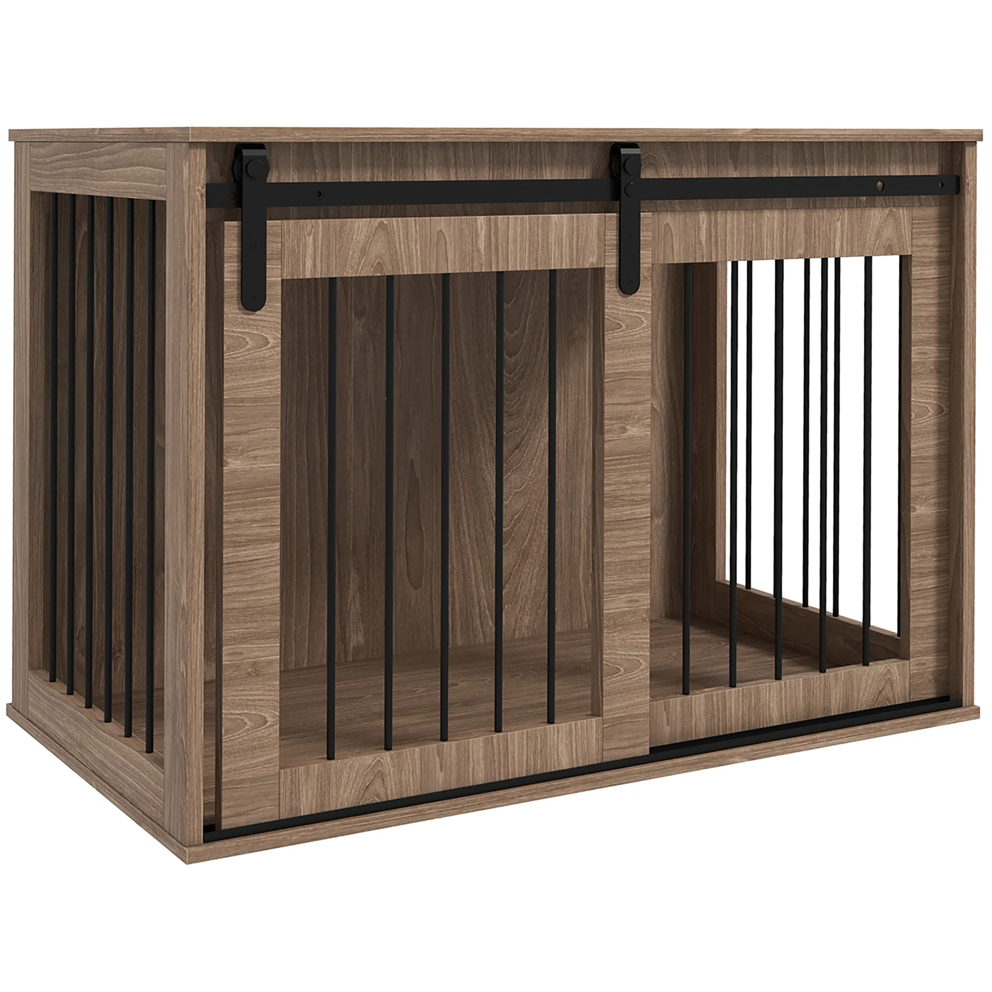 PawHut Hondenbench Hondenkooi, Afsluitbaar, Houtlook, Rustiek Ontwerp, 98 cm x 58 cm x 67 cm, Walnoot + Zwart