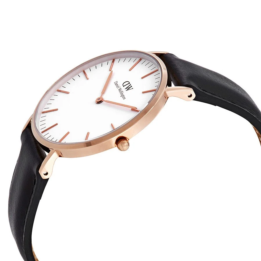 Daniel Wellington Sheffield 36mm White Dial Black Genuine Leather Gold Watch - DW00100036