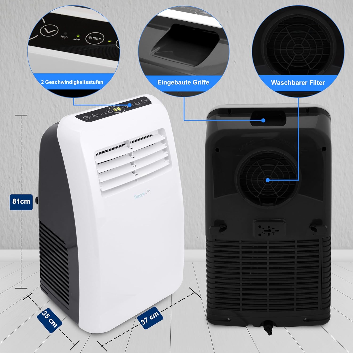 SereneLife Klimaanlage mobil, 3-in-1 mobiles Klimagert mit Abluftschlauch - Luftkühler, Luftentfeuchter & Ventilator, air conditioner 9.000 BTU, 1,5 L Feuchtigkeit/Stunde, kühlt Rume bis 42 m