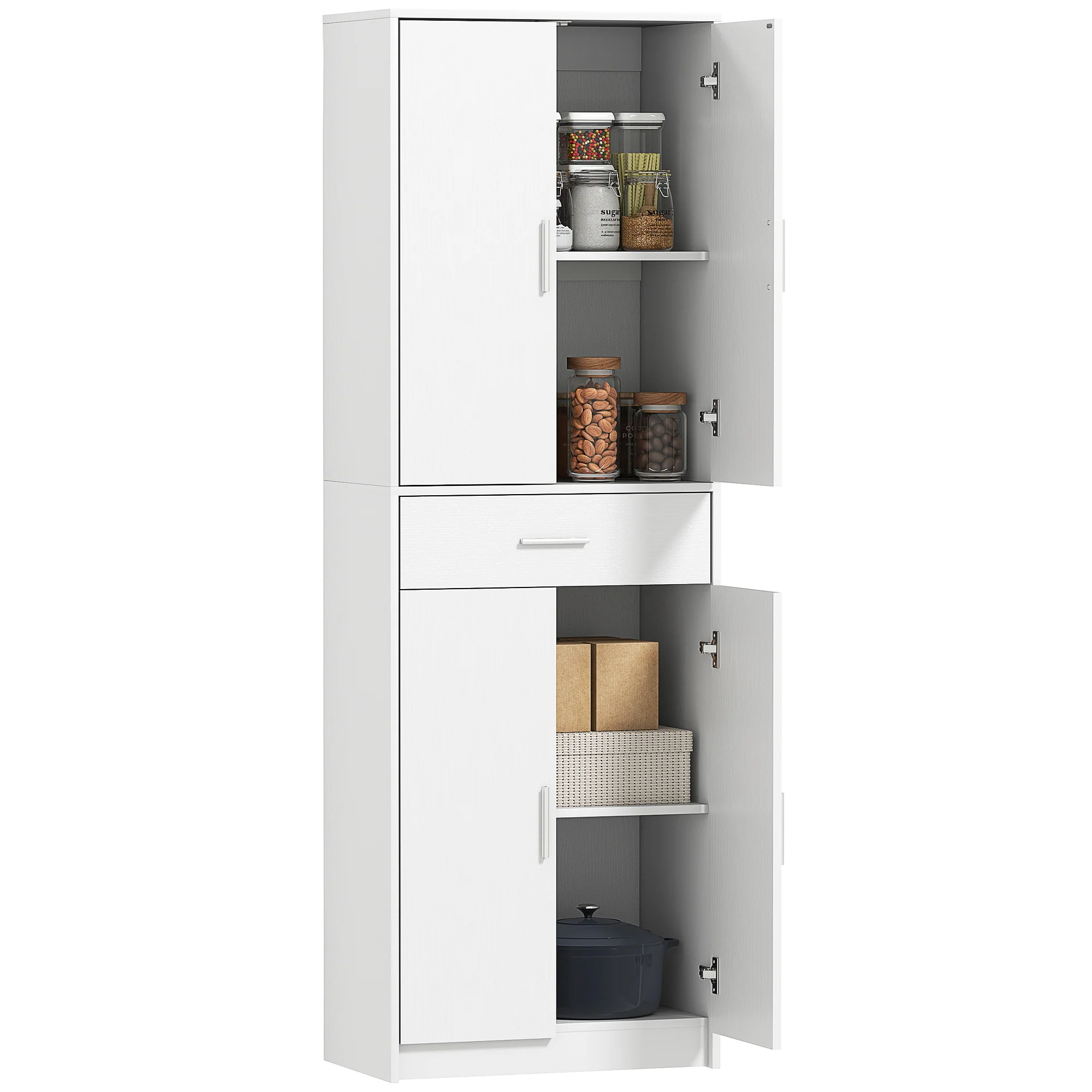 HOMCOM Keukenkast, 3-traps verstelbare planken, Spaanplaat, MDF, veel opbergruimte, Wit