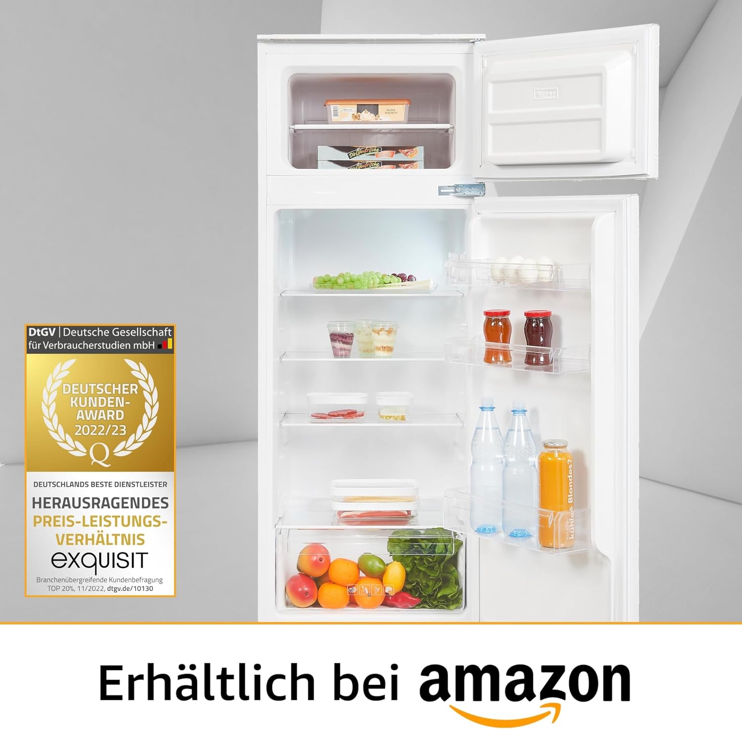 Exquisit Einbaukühlschrank mit Gefrierfach EKGC265-40-040E | Einbau Kühl-Gefrierkombination 145 cm | 205 l | Schlepptür | Inverter | Weiß | LED