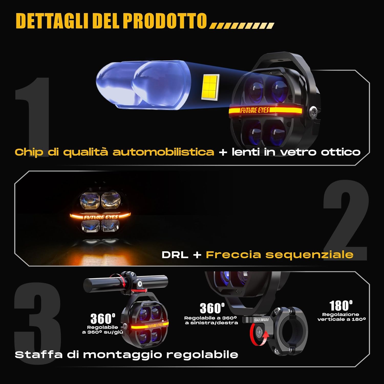 Future Eyes Motorcycle Lights - 180W LED Fog Lights with White Beam, Waterproof Auxiliary Headlights with DRL, Strobe and Arrows, Motorcycle Lights for Night Driving, Off-Road, UTV and ATV