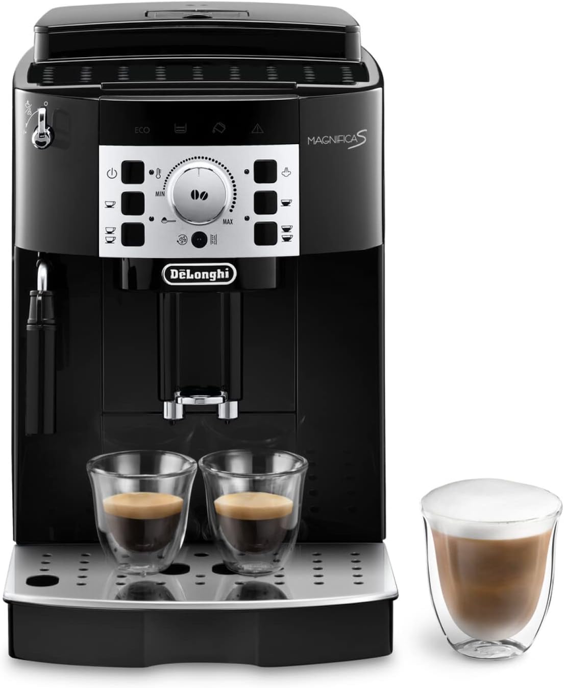 De'Longhi Magnifica Start ECAM222.60.BG, Kaffeevollautomat mit LatteCrema-Milchsystem für Automatischen Cappuccino, 4-Direktwahl-Tasten, Soft-Touch-Bedienfeld, x2-Funktion, 1450W, Schwarz/Grau