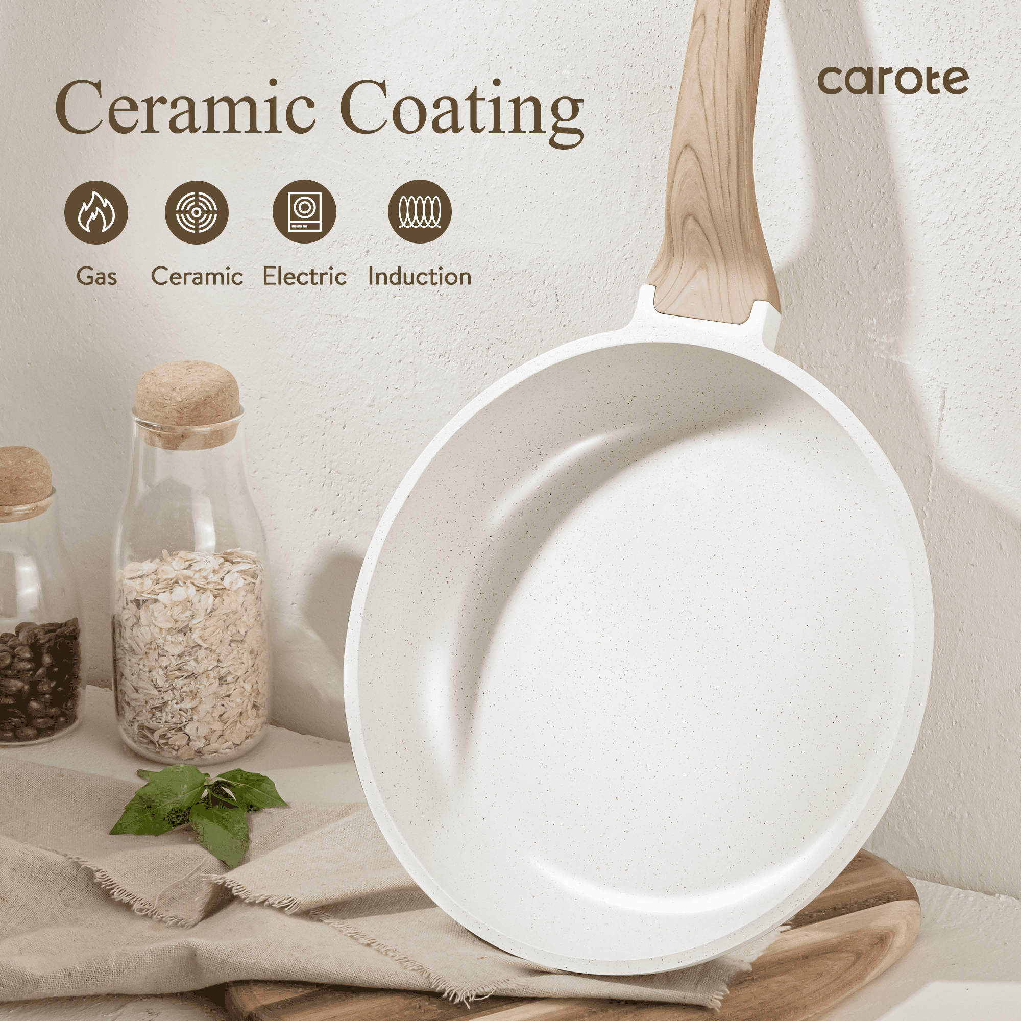 Carote Nonstick Pots and Pans Set, 8 Pcs Induction Kitchen Cookware Sets (Beige Granite)