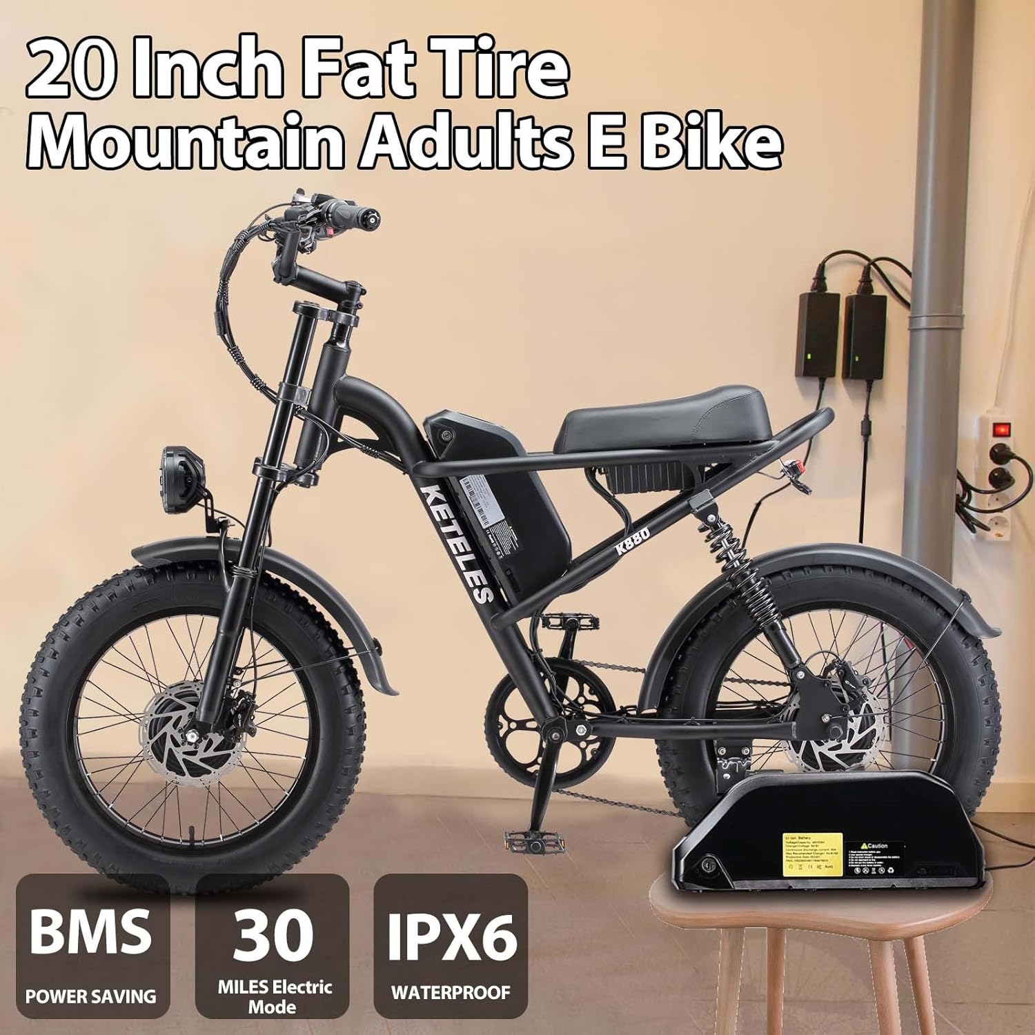 KETELES Electric Bike for Adults, Moped Style Dual Motor Ebike Full Suspension e-bike 20X4.0 Fat Tire Electric Dirt Bike 2000W AWD Electric bicycle 48V 23AH Removable Battery Hydraulic Disc Brake