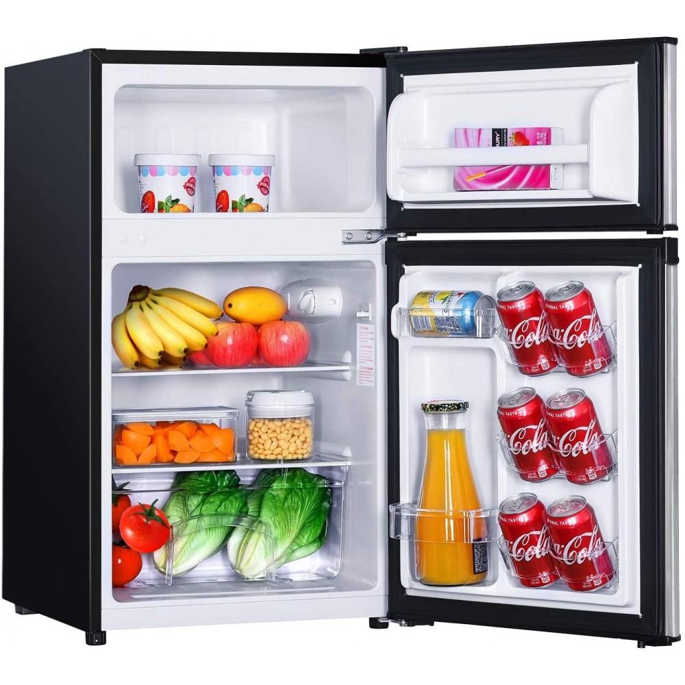 g Mini Fridge with Freezer, 3.1 Cu.Ft Small Refrigerator, Compact Refrigerator with LED Light, 2 doors, Mini Fridge for Bedroom, Office, Dorm, RV, Garage, Stainless Steel Sliver -HPVFR310
