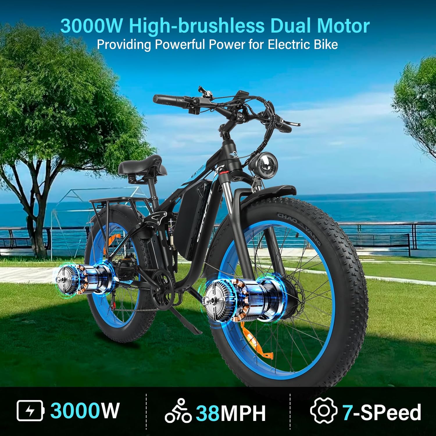 GERPSI Peak 5000W Dual Motor Ebike,Full Suspension E Bike Hydraulic Disc Brake,48V 25AH Battery Electric Bike for Adults,38MPH 85Miles Electric Bicycle for Adults,26''Fat Tire for All Terrain E-Bike