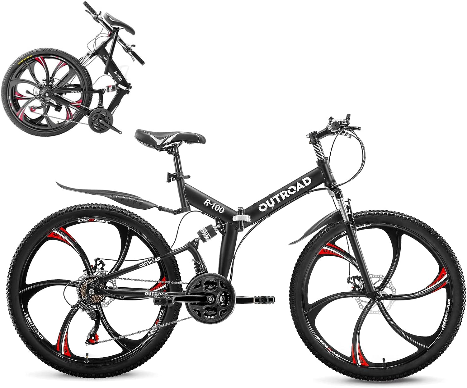Outroad Folding Mountain Bike 26 Inch for Adult, 21-Speed Dual Suspension MTB Foldable Bicycle