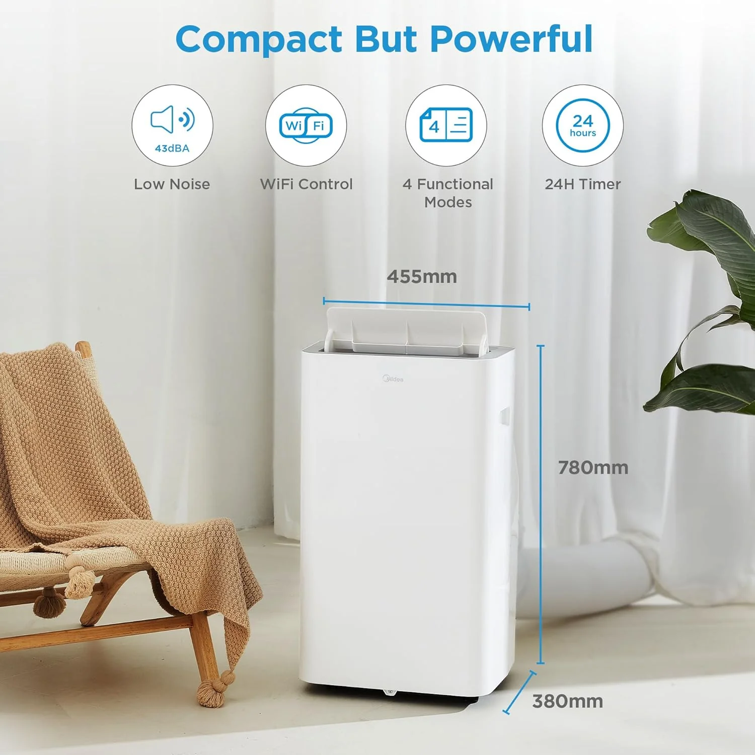 Midea Mobiles Klimager?t Silent Cool 26 Pro WF, 9000 BTU 2,6kW, K��hlen&Ventilieren&Entfeuchten, Raumgr??e bis 88m3(33�O), APP-Steuerung/Alexa/Google Home/IFTTT, Mobile Klimaanlage mit Abluftschlauch