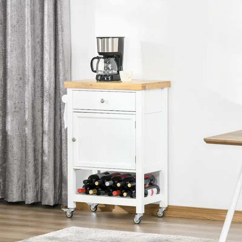 HOMCOM Rolling Kitchen Cart - Versatile Kitchen Island with Smooth Rubberwood Top and Narrow Butcher Block Surface on Wheels