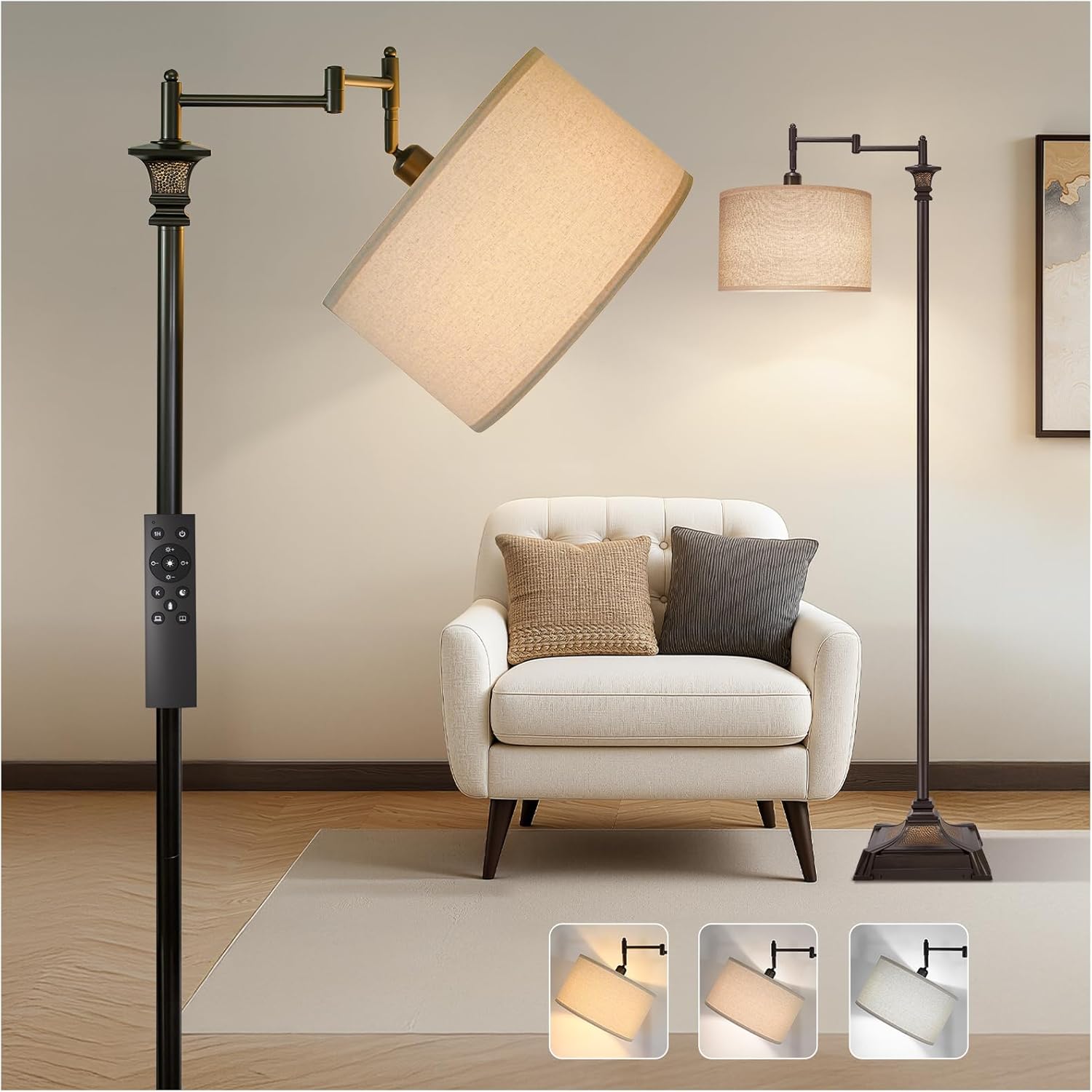 Scenekoy Vintage 68�� Tall Smart LED Floor Lamp for Living Room Bedroom, Remote Control Traditional 350o Adjustable Swing Arm Standing Lamp with Linen Shade, Decor for Reading House Home Office