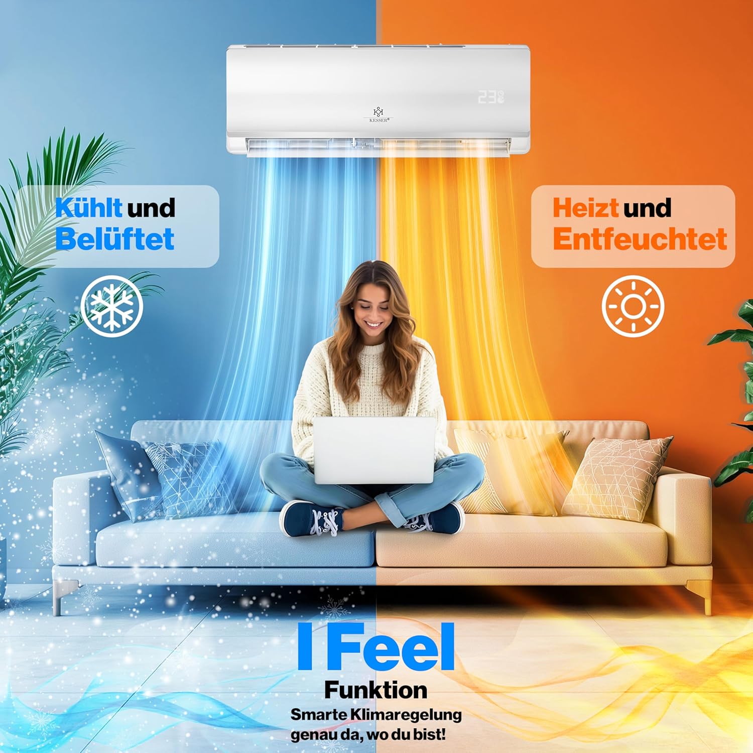 KESSER® Klimaanlage Set Split - mit WiFi/App Funktion Klimagerät - Kühlen A++/ Heizen A+ - 9000 BTU/h (2.600 Watt) Kältemittel R32 - Fernbedienung, Timerfunktion - Inkl. komplettem Montagematerial