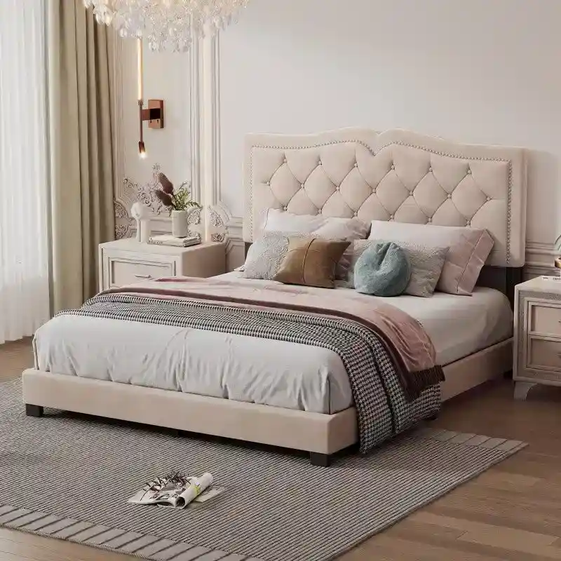 Upholstered Platform Bed with Tufted Headboard and Slat Support