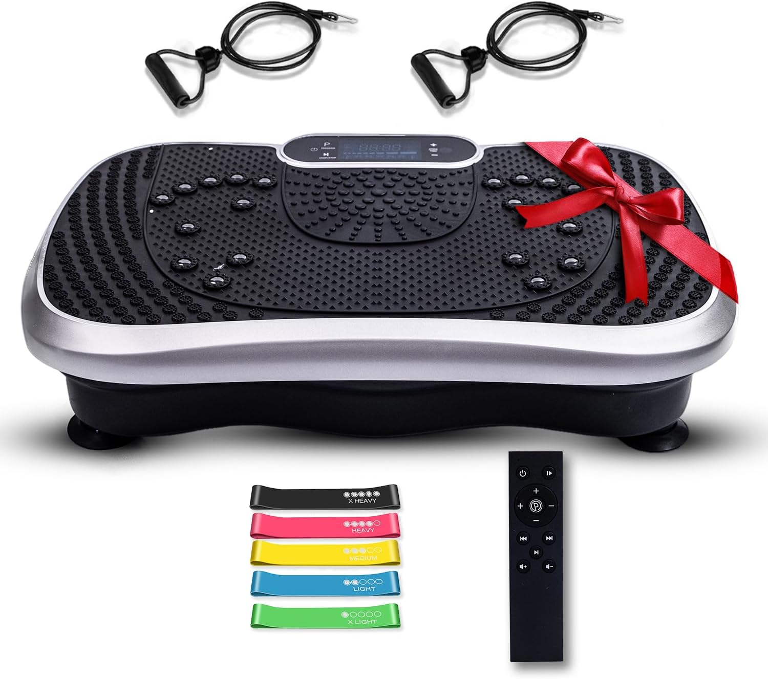 Vibrationsplatta (99 nivåer + motståndsband) - Smal kraftplatta för hemmaträning, helkroppsträning, formning, stärkande och tonad kropp, fjärrkontroll, Bluetooth-högtalare + motståndsband