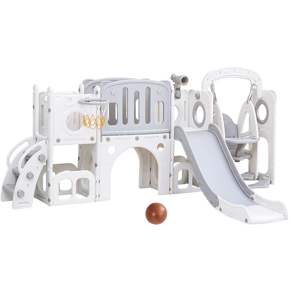Keezi Kids Slide Swing Set Basketball Hoop Ring Football Outdoor Toys 132cm grey